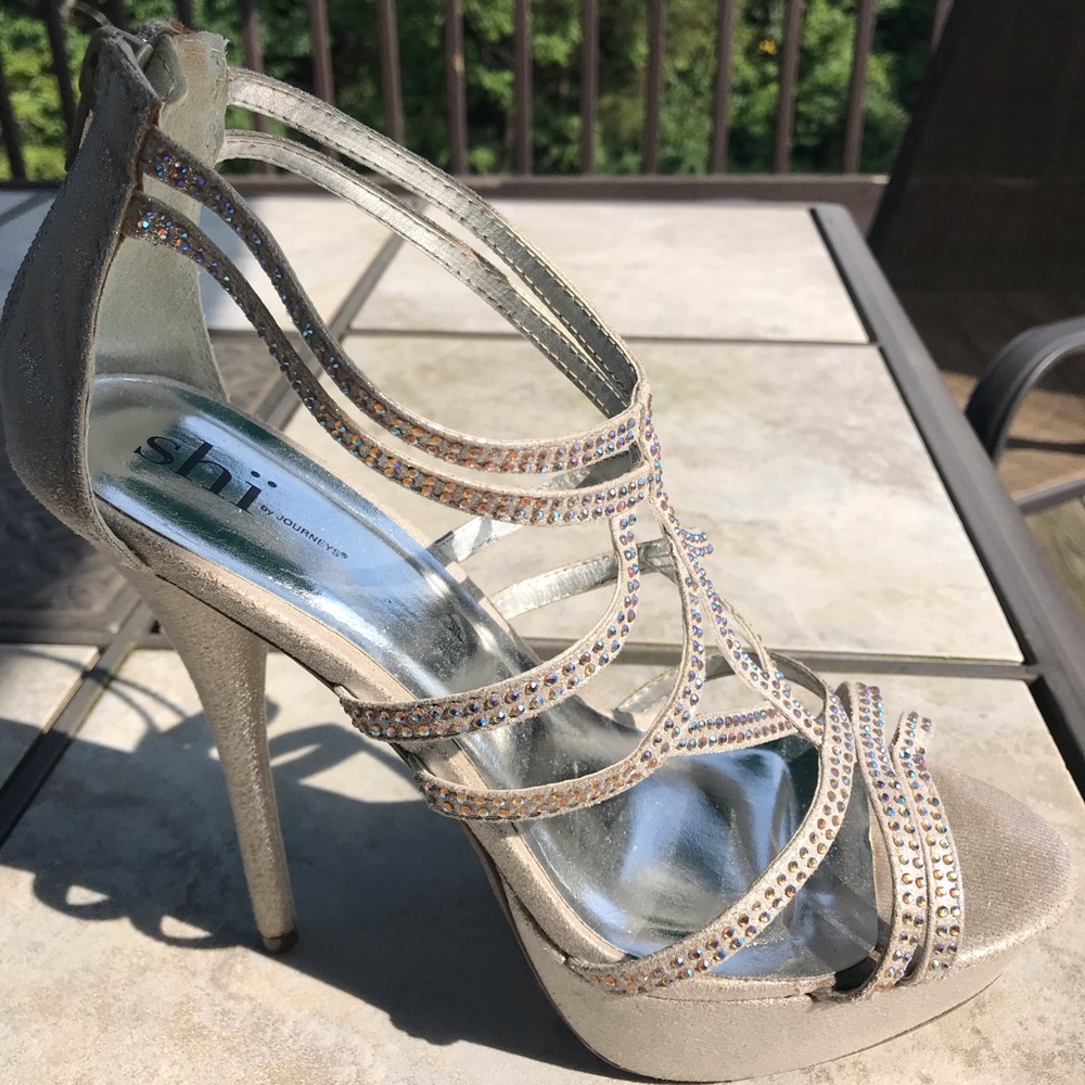 Silver and Rhinestone platform with 5 inch heel
